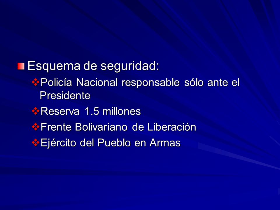 Esquema de seguridad: Policía Nacional responsable sólo ante el Presidente. Reserva 1.5 millones. Frente Bolivariano de Liberación.