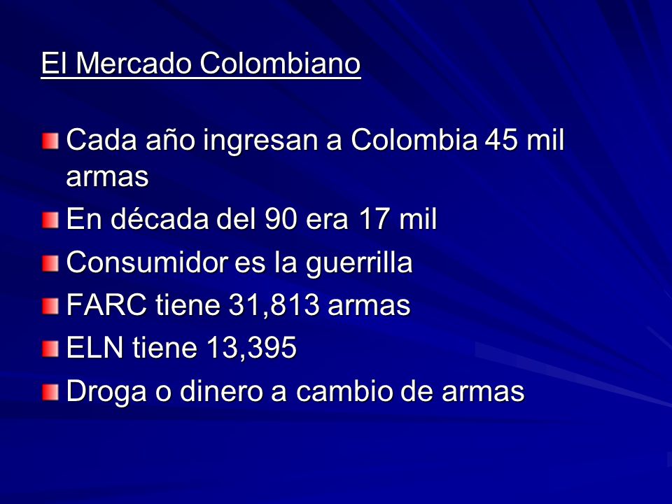 El Mercado Colombiano Cada año ingresan a Colombia 45 mil armas. En década del 90 era 17 mil. Consumidor es la guerrilla.