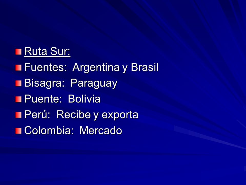 Ruta Sur: Fuentes: Argentina y Brasil. Bisagra: Paraguay. Puente: Bolivia. Perú: Recibe y exporta.