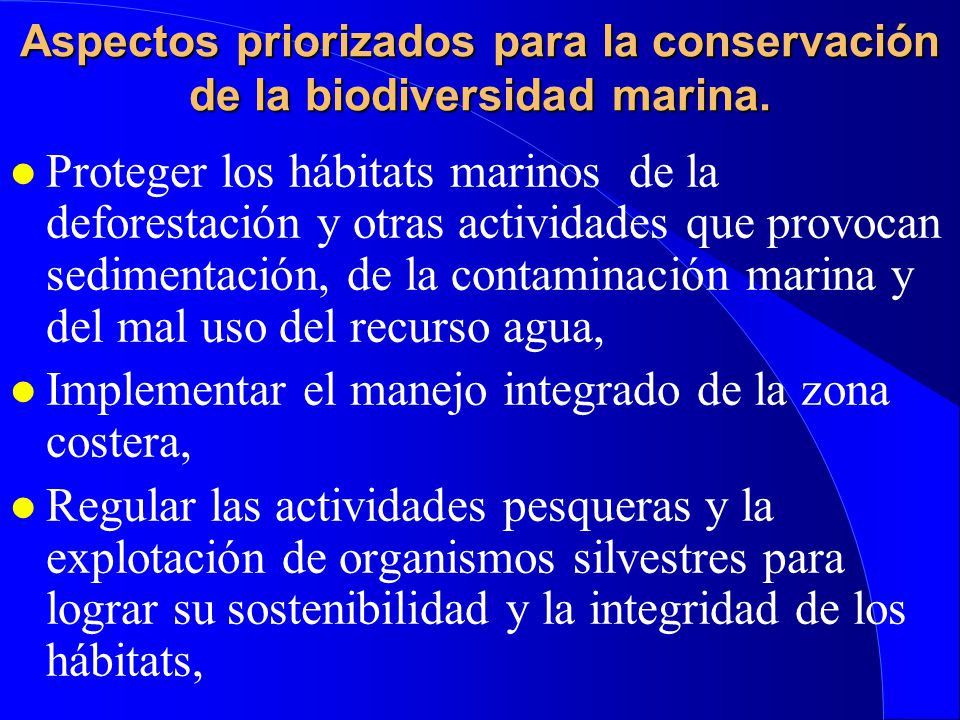 Aspectos priorizados para la conservación de la biodiversidad marina.