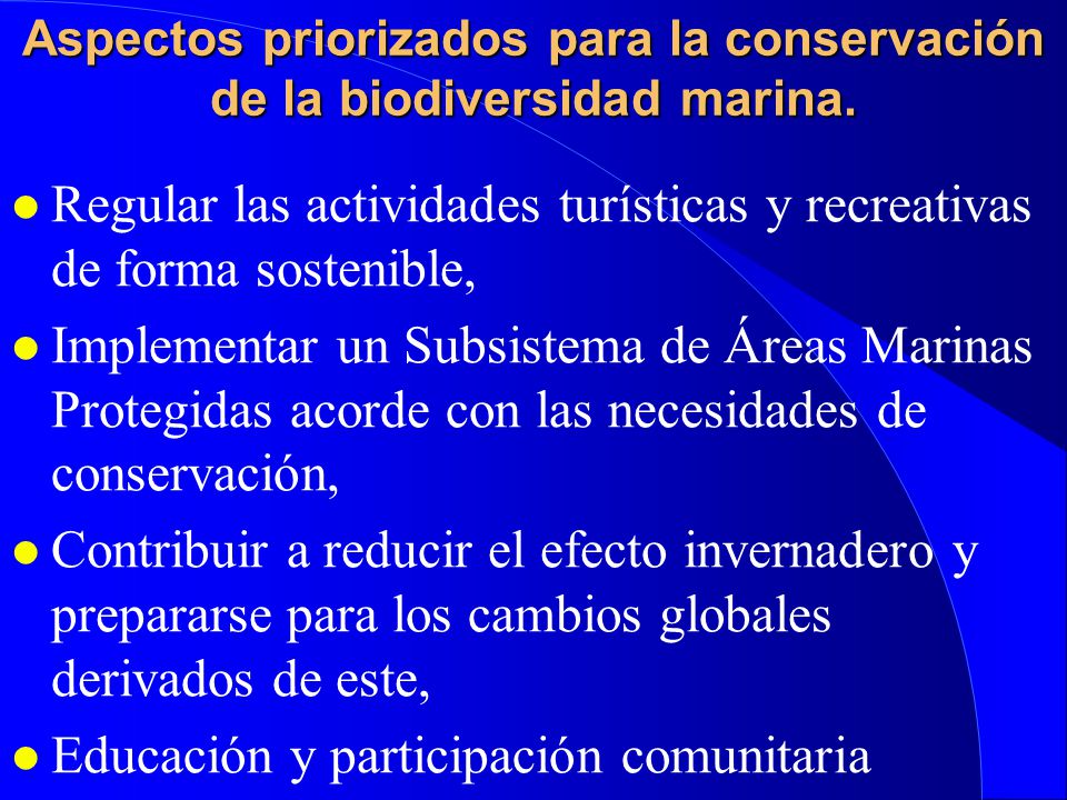 Aspectos priorizados para la conservación de la biodiversidad marina.