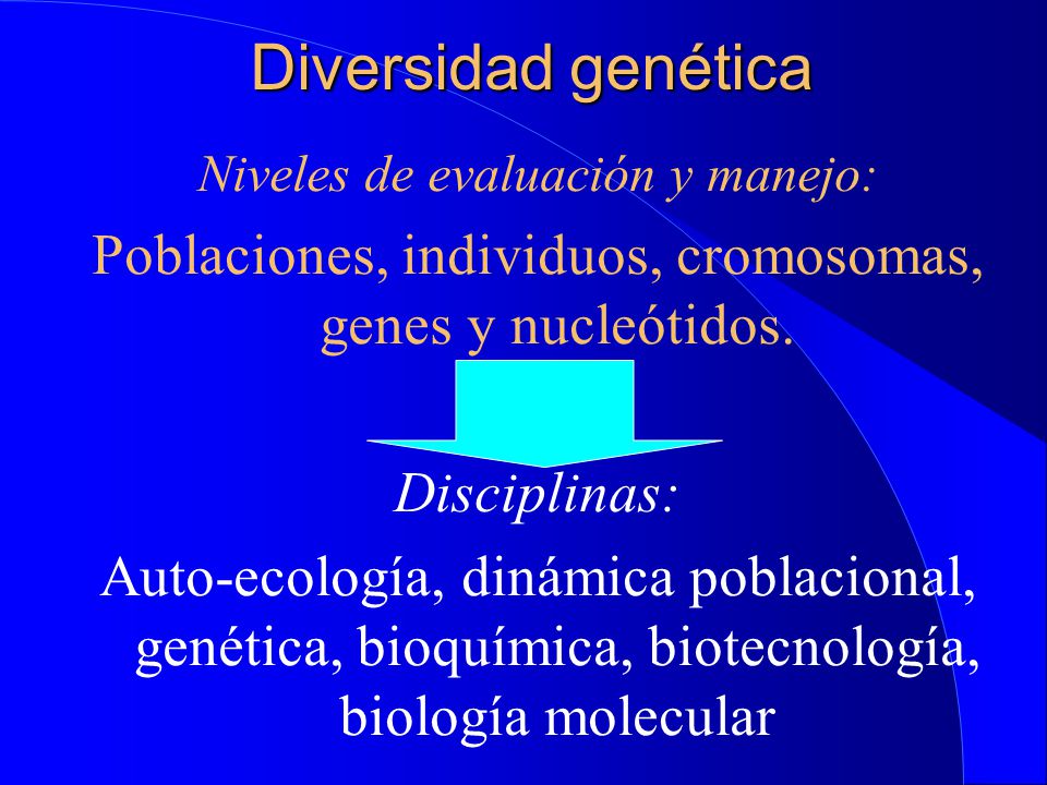 Diversidad genética Niveles de evaluación y manejo: Poblaciones, individuos, cromosomas, genes y nucleótidos.