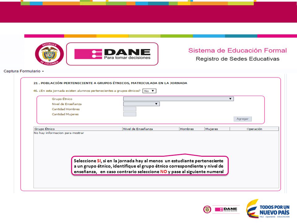 Seleccione SI, si en la jornada hay al menos un estudiante perteneciente a un grupo étnico, identifique el grupo étnico correspondiente y nivel de enseñanza, en caso contrario seleccione NO y pase al siguiente numeral