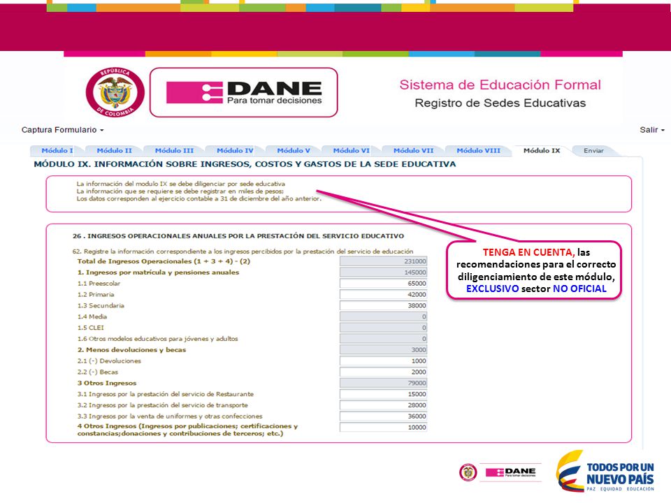 TENGA EN CUENTA, las recomendaciones para el correcto diligenciamiento de este módulo, EXCLUSIVO sector NO OFICIAL