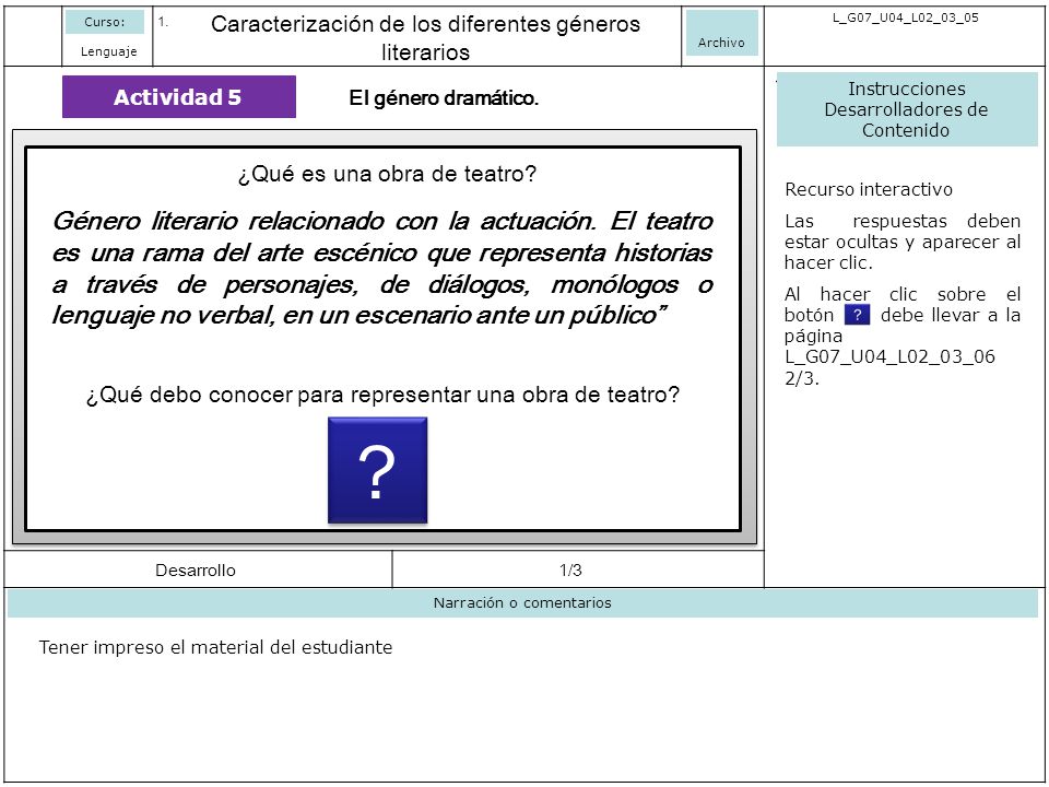 Curso: Caracterización de los diferentes géneros literarios. Archivo. L_G07_U04_L02_03_05. Lenguaje.