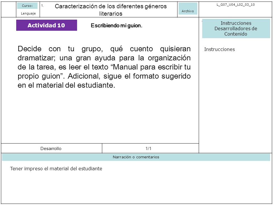 Curso: Caracterización de los diferentes géneros literarios. Archivo. L_G07_U04_L02_03_10. Lenguaje.