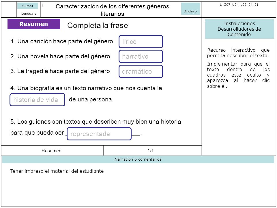 Completa la frase lírico narrativo dramático historia de vida