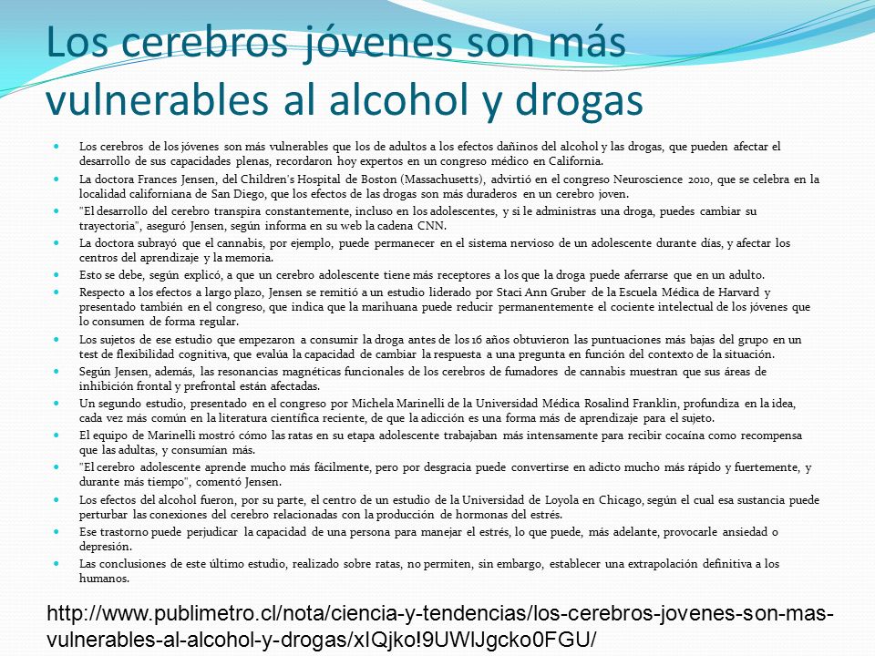 Los cerebros jóvenes son más vulnerables al alcohol y drogas