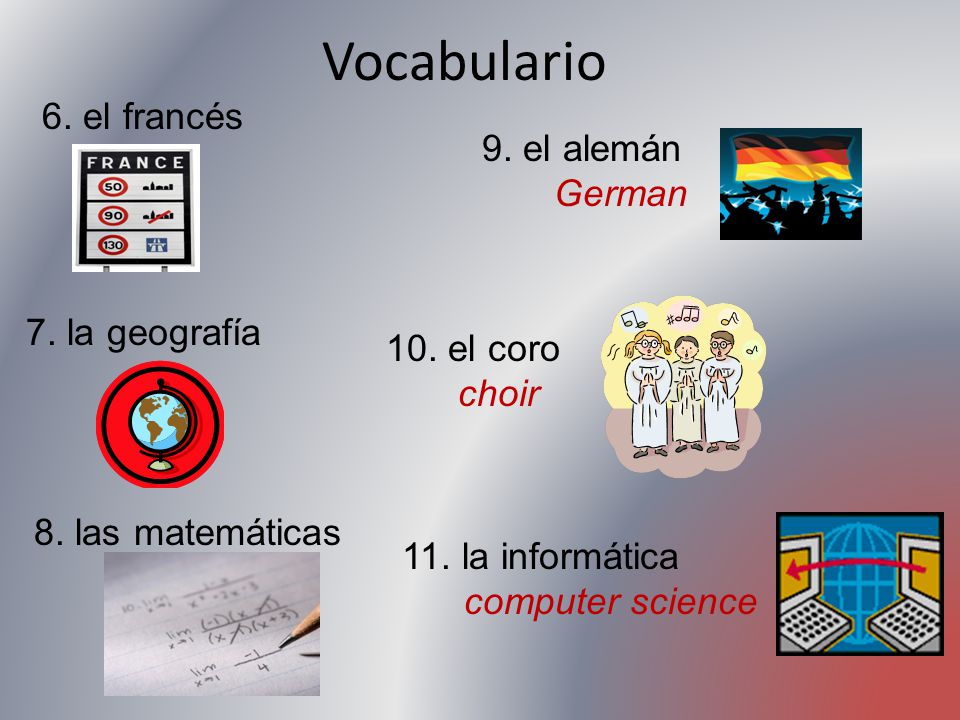 Vocabulario 6. el francés 9. el alemán German 7. la geografía