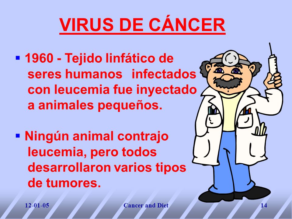 Diet and Cancer VIRUS DE CÁNCER Tejido linfático de seres humanos infectados con leucemia fue inyectado a animales pequeños.