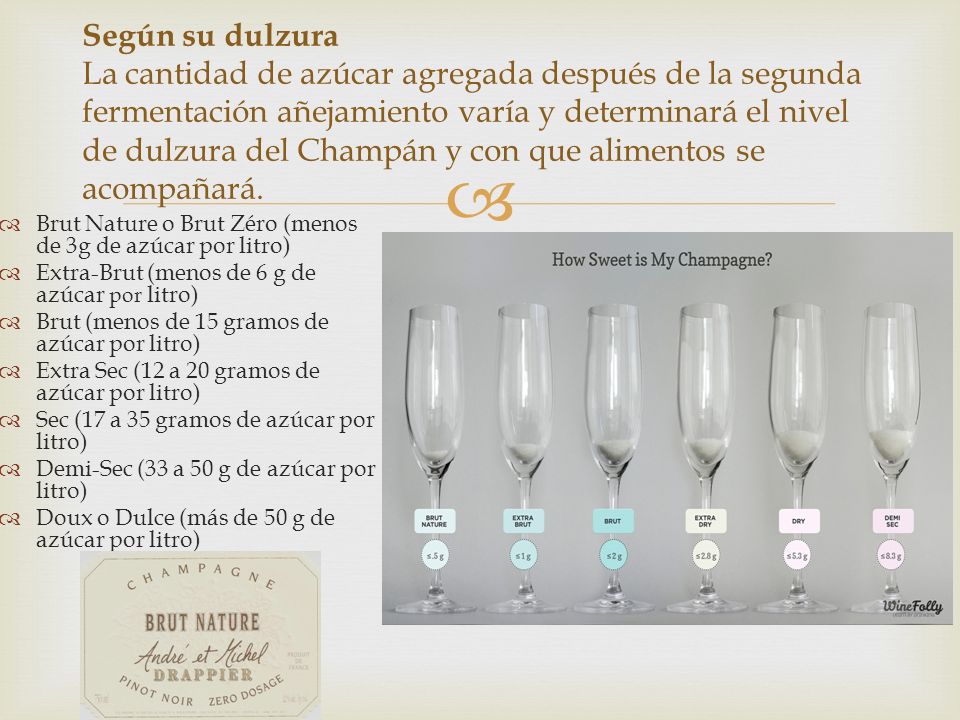 Según su dulzura La cantidad de azúcar agregada después de la segunda fermentación añejamiento varía y determinará el nivel de dulzura del Champán y con que alimentos se acompañará.