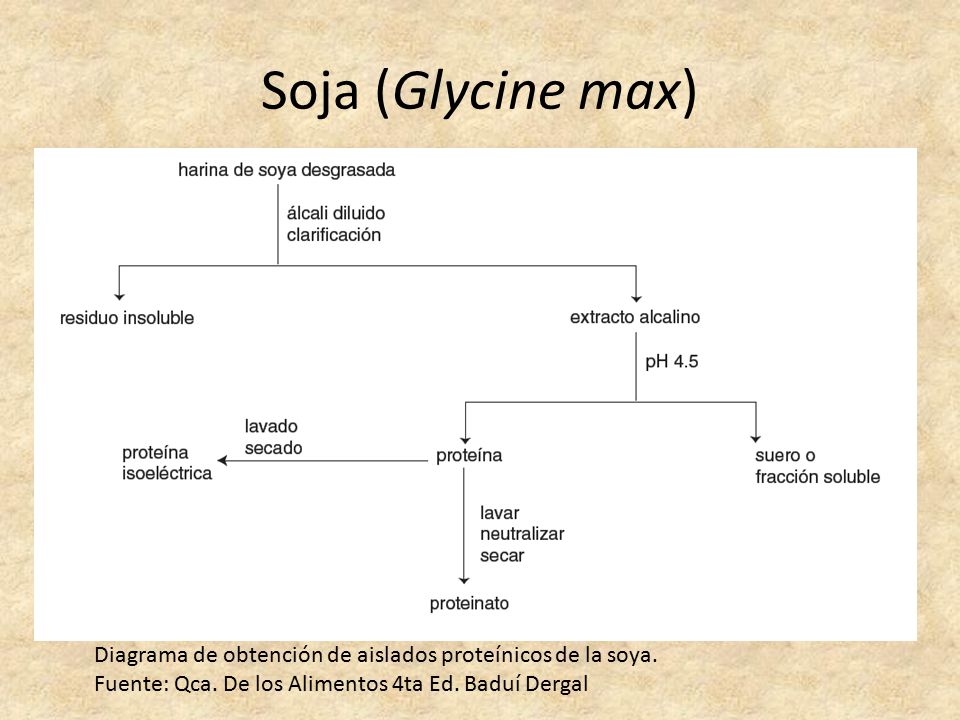 Soja (Glycine max) Diagrama de obtención de aislados proteínicos de la soya.