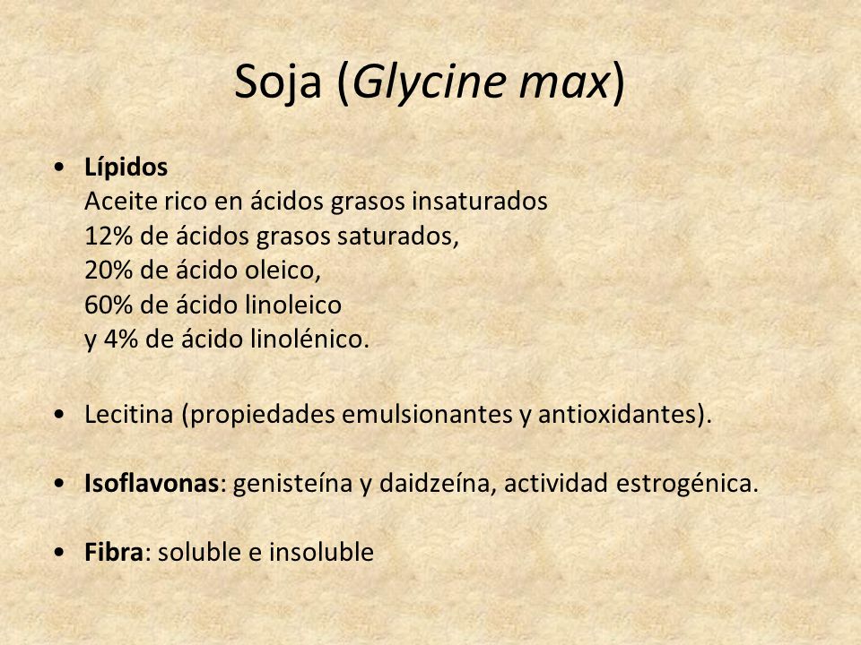 Soja (Glycine max) Lípidos Aceite rico en ácidos grasos insaturados