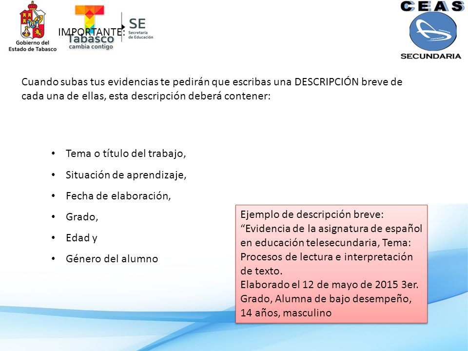 IMPORTANTE: Cuando subas tus evidencias te pedirán que escribas una DESCRIPCIÓN breve de cada una de ellas, esta descripción deberá contener: