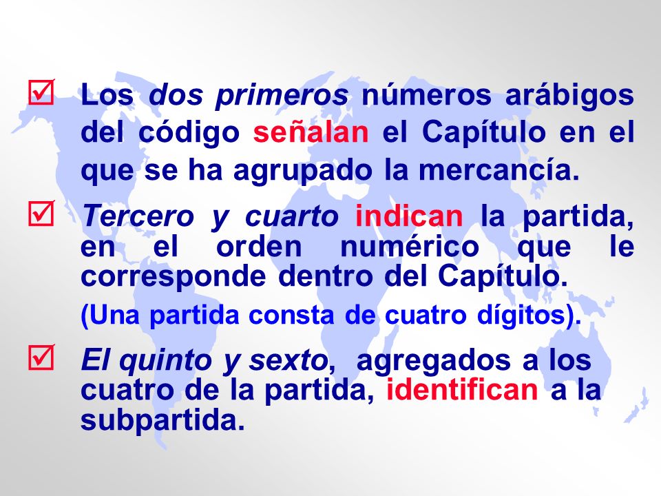Los dos primeros números arábigos del código señalan el Capítulo en el que se ha agrupado la mercancía.
