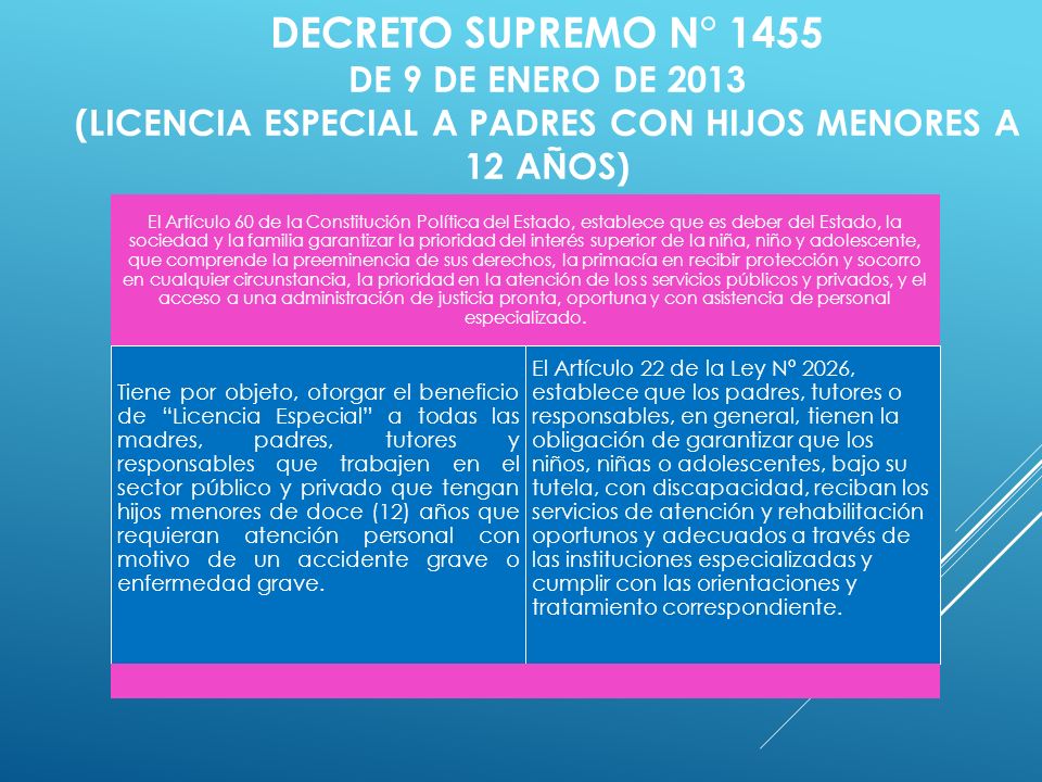 DECRETO SUPREMO n° 1455 DE 9 de enero de 2013 (LICENCIA ESPECIAL a padres con hijos menores a 12 años)