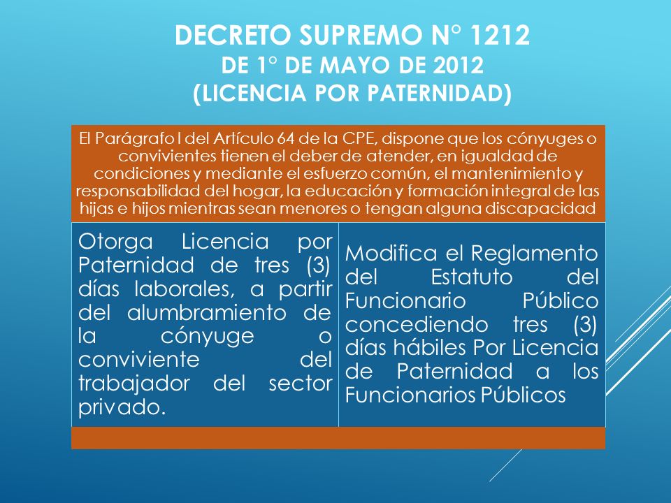 DECRETO SUPREMO n° 1212 de 1° de mayo de 2012 (Licencia por paternidad)