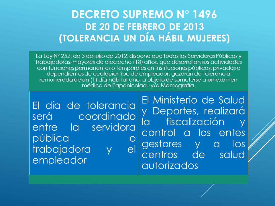 DECRETO SUPREMO n° 1496 DE 20 de febrero de 2013 (tolerancia un día hábil mujeres)