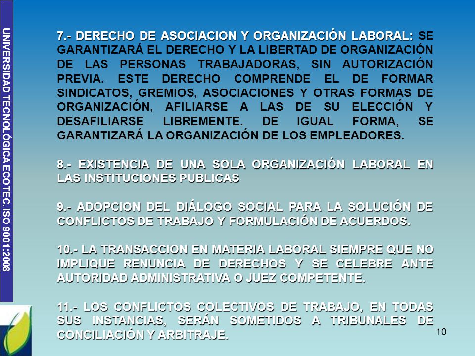 7.- DERECHO DE ASOCIACION Y ORGANIZACIÓN LABORAL: SE GARANTIZARÁ EL DERECHO Y LA LIBERTAD DE ORGANIZACIÓN DE LAS PERSONAS TRABAJADORAS, SIN AUTORIZACIÓN PREVIA. ESTE DERECHO COMPRENDE EL DE FORMAR SINDICATOS, GREMIOS, ASOCIACIONES Y OTRAS FORMAS DE ORGANIZACIÓN, AFILIARSE A LAS DE SU ELECCIÓN Y DESAFILIARSE LIBREMENTE. DE IGUAL FORMA, SE GARANTIZARÁ LA ORGANIZACIÓN DE LOS EMPLEADORES.