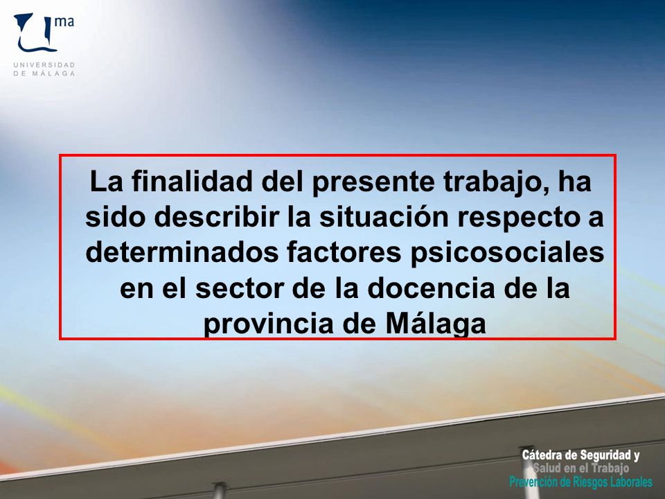 La finalidad del presente trabajo, ha sido describir la situación respecto a determinados factores psicosociales en el sector de la docencia de la provincia de Málaga