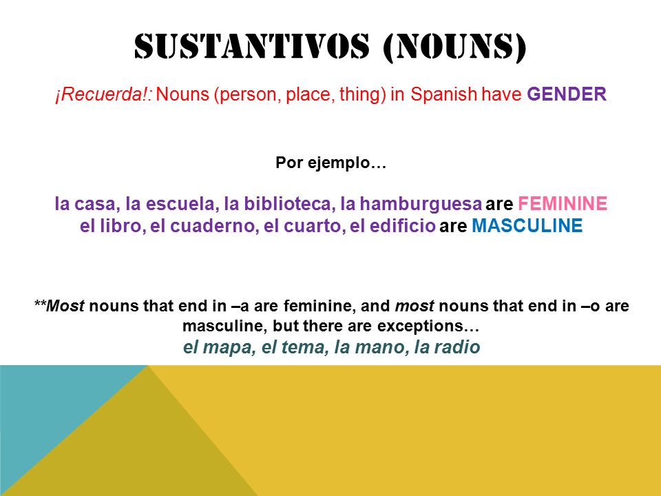 SUStANTIVOS (Nouns) ¡Recuerda!: Nouns (person, place, thing) in Spanish have GENDER. Por ejemplo…