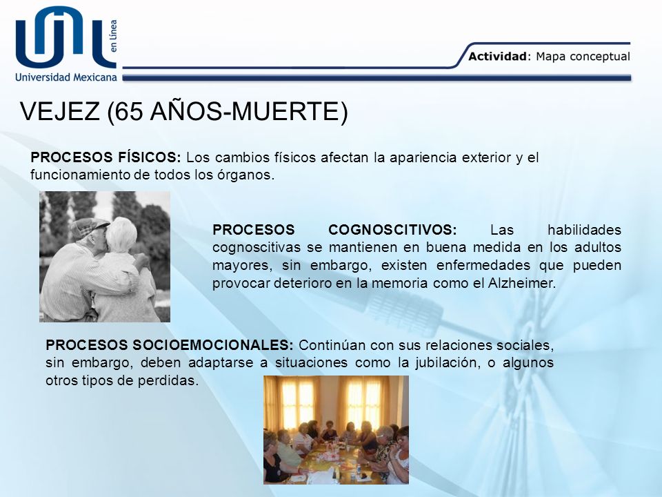 VEJEZ (65 AÑOS-MUERTE) PROCESOS FÍSICOS: Los cambios físicos afectan la apariencia exterior y el funcionamiento de todos los órganos.