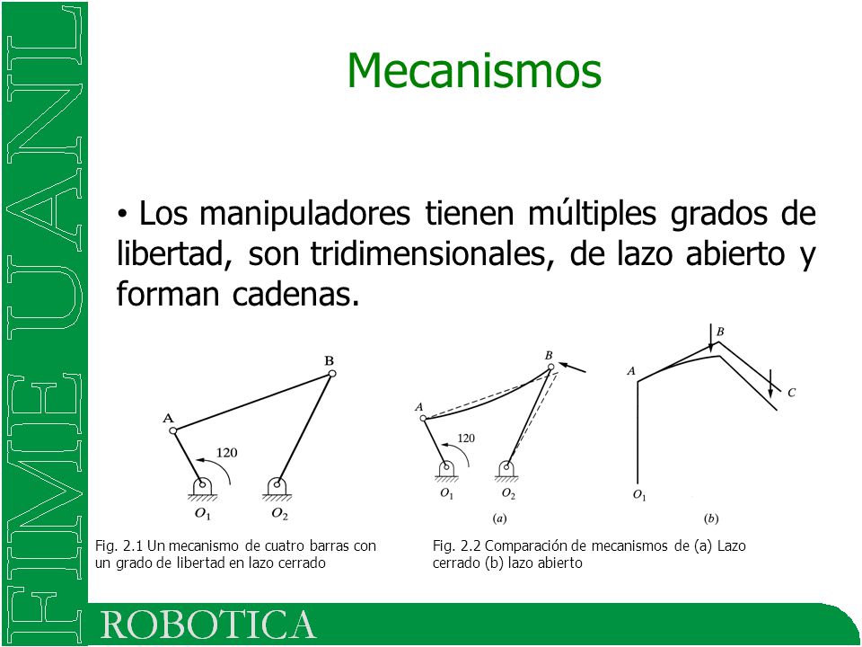 Mecanismos Los manipuladores tienen múltiples grados de libertad, son tridimensionales, de lazo abierto y forman cadenas.