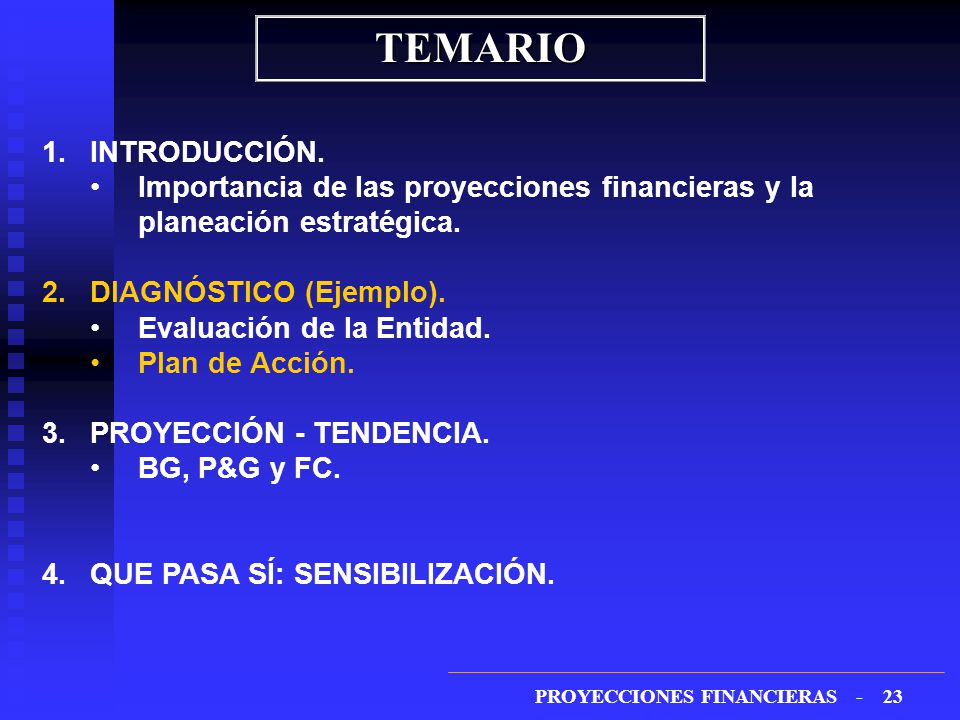 TEMARIO INTRODUCCIÓN. Importancia de las proyecciones financieras y la planeación estratégica. DIAGNÓSTICO (Ejemplo).