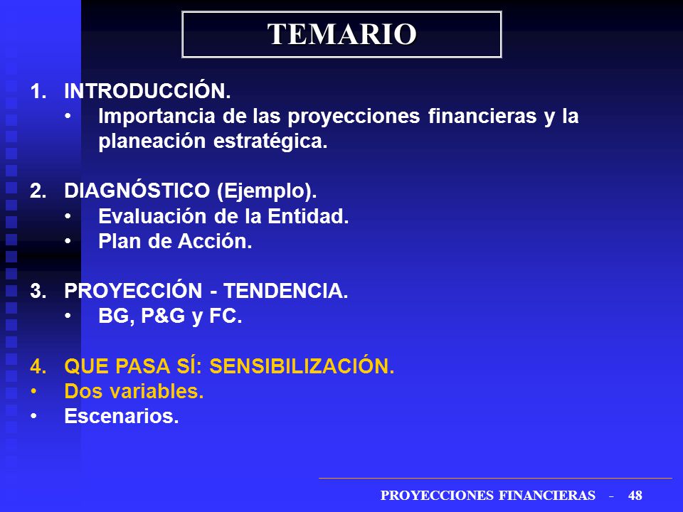 TEMARIO INTRODUCCIÓN. Importancia de las proyecciones financieras y la planeación estratégica. DIAGNÓSTICO (Ejemplo).
