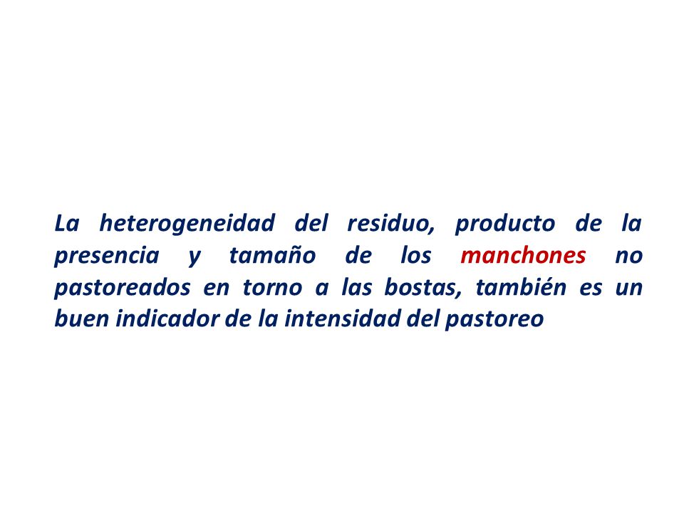 La heterogeneidad del residuo, producto de la presencia y tamaño de los manchones no pastoreados en torno a las bostas, también es un buen indicador de la intensidad del pastoreo