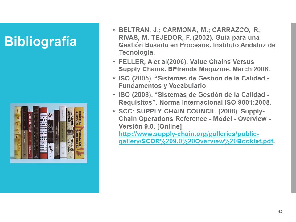 BELTRAN, J.; CARMONA, M.; CARRAZCO, R.; RIVAS, M. TEJEDOR, F. (2002). Guía para una Gestión Basada en Procesos. Instituto Andaluz de Tecnología.