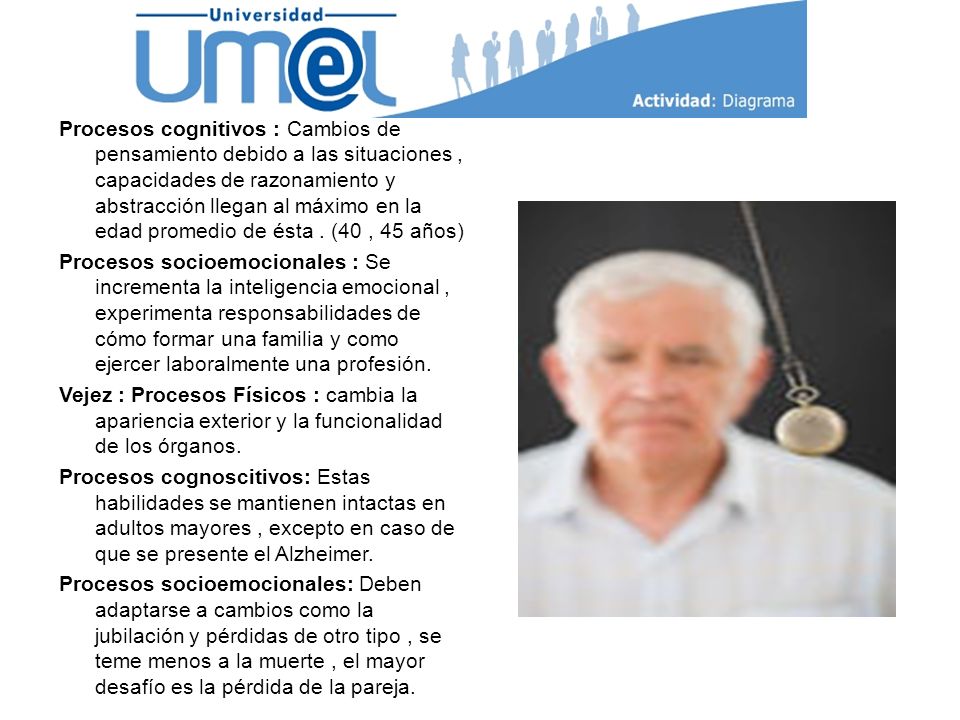 Procesos cognitivos : Cambios de pensamiento debido a las situaciones , capacidades de razonamiento y abstracción llegan al máximo en la edad promedio de ésta .