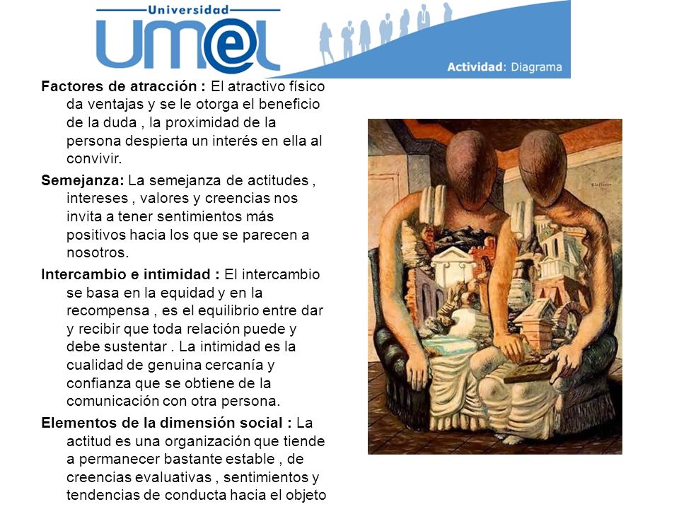Factores de atracción : El atractivo físico da ventajas y se le otorga el beneficio de la duda , la proximidad de la persona despierta un interés en ella al convivir.