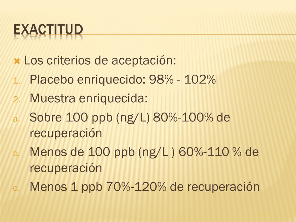 EXACTITUD Los criterios de aceptación: Placebo enriquecido: 98% - 102%