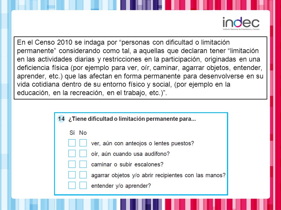 En el Censo 2010 se indaga por personas con dificultad o limitación permanente considerando como tal, a aquellas que declaran tener limitación en las actividades diarias y restricciones en la participación, originadas en una deficiencia física (por ejemplo para ver, oír, caminar, agarrar objetos, entender, aprender, etc.) que las afectan en forma permanente para desenvolverse en su vida cotidiana dentro de su entorno físico y social, (por ejemplo en la educación, en la recreación, en el trabajo, etc.) .