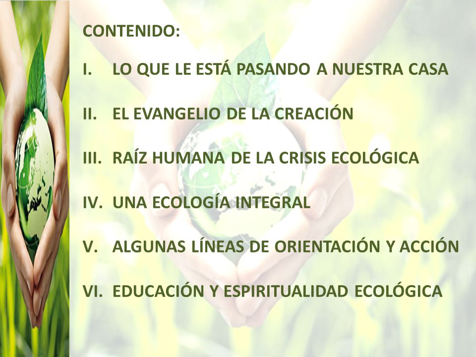 CONTENIDO: LO QUE LE ESTÁ PASANDO A NUESTRA CASA. EL EVANGELIO DE LA CREACIÓN. RAÍZ HUMANA DE LA CRISIS ECOLÓGICA.