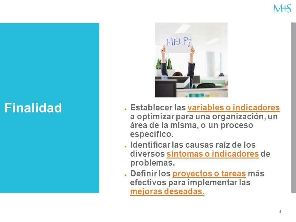 Finalidad Establecer las variables o indicadores a optimizar para una organización, un área de la misma, o un proceso específico.