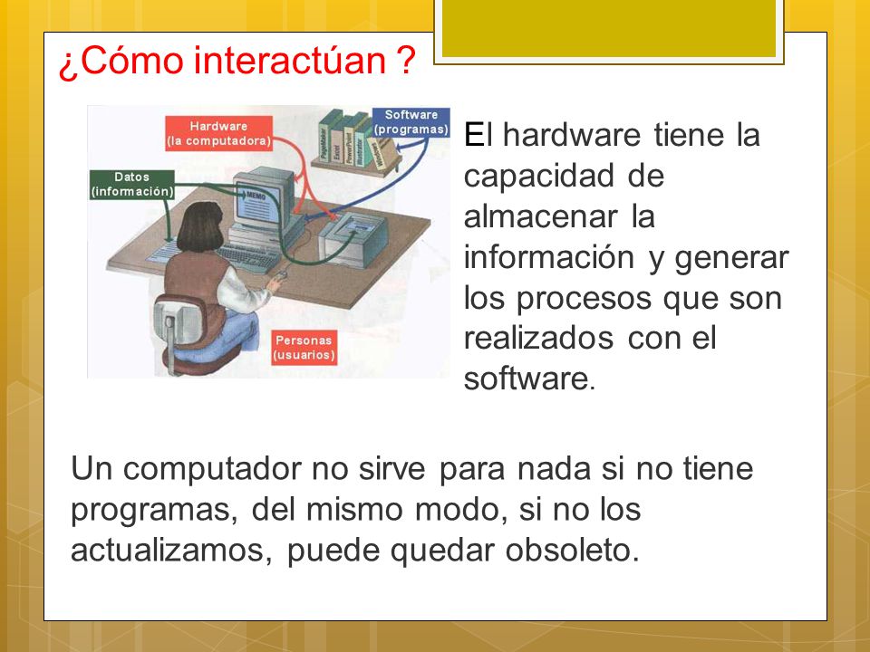 ¿Cómo interactúan El hardware tiene la capacidad de almacenar la información y generar los procesos que son realizados con el software.