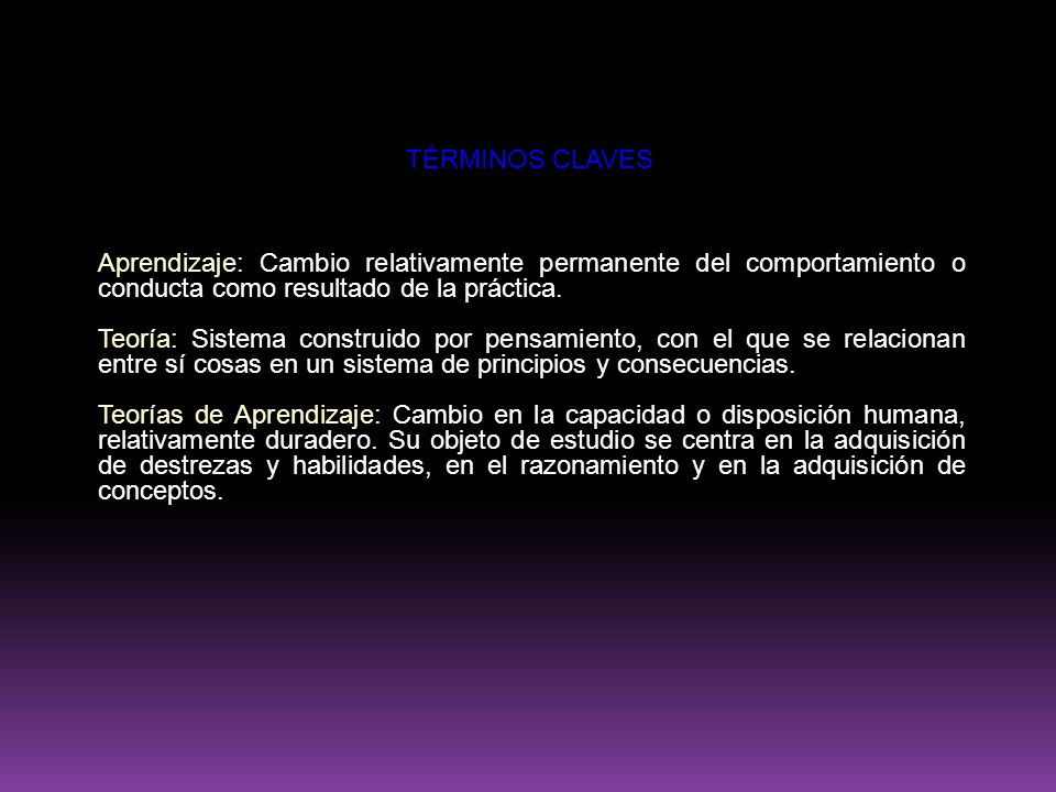 TÉRMINOS CLAVES Aprendizaje: Cambio relativamente permanente del comportamiento o conducta como resultado de la práctica.