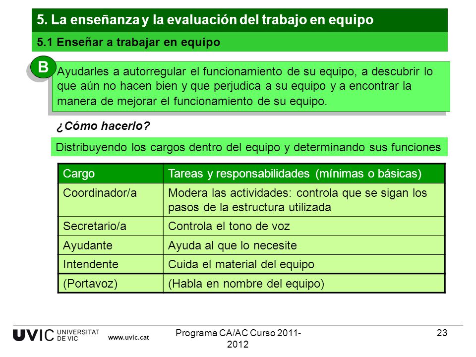 B 5. La enseñanza y la evaluación del trabajo en equipo