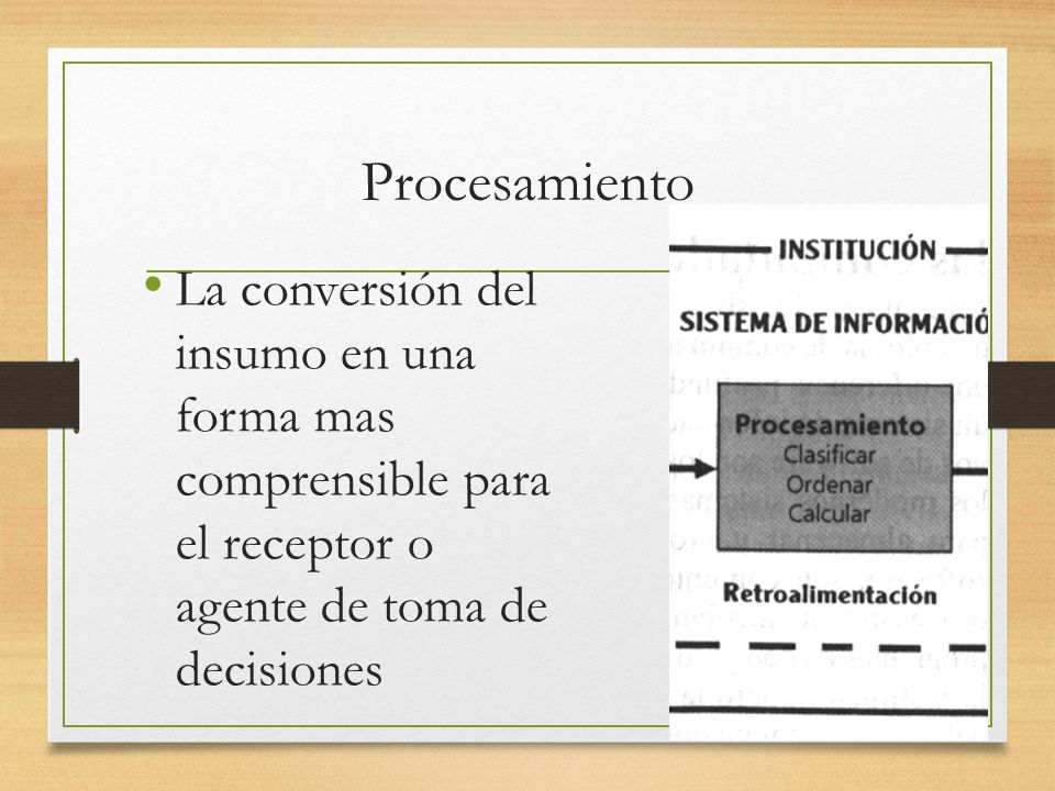 Procesamiento La conversión del insumo en una forma mas comprensible para el receptor o agente de toma de decisiones.