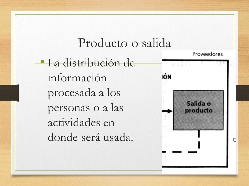 Producto o salida La distribución de información procesada a los personas o a las actividades en donde será usada.