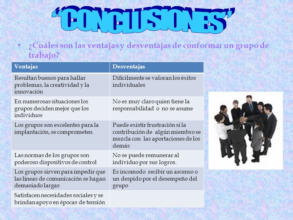 CONCLUSIONES ¿Cuáles son las ventajas y desventajas de conformar un grupo de trabajo Ventajas. Desventajas.