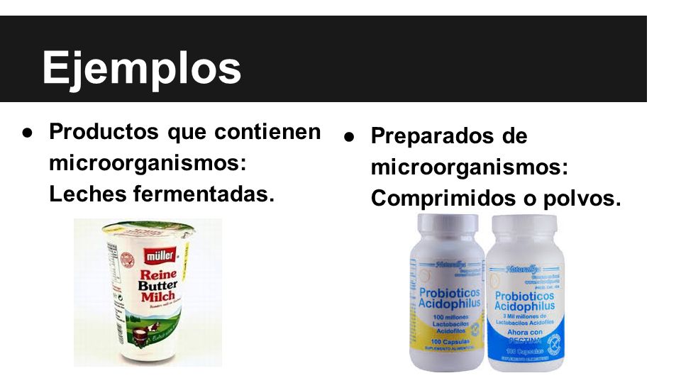Ejemplos Productos que contienen microorganismos: Leches fermentadas.