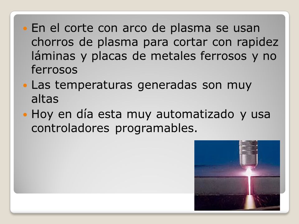 En el corte con arco de plasma se usan chorros de plasma para cortar con rapidez láminas y placas de metales ferrosos y no ferrosos