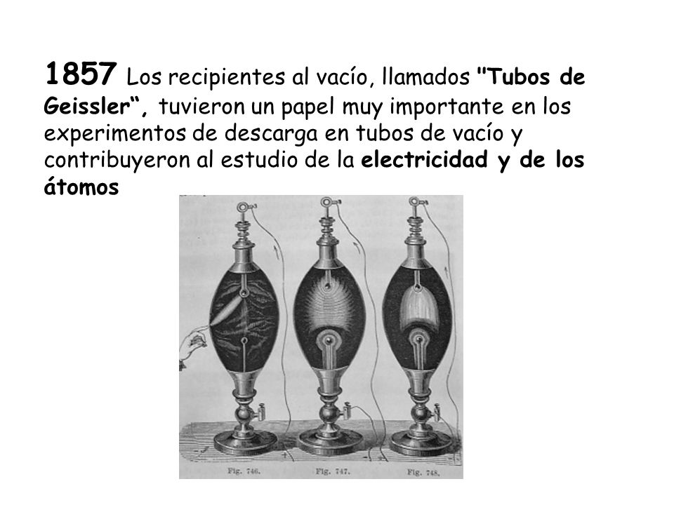 1857 Los recipientes al vacío, llamados Tubos de Geissler , tuvieron un papel muy importante en los experimentos de descarga en tubos de vacío y contribuyeron al estudio de la electricidad y de los átomos