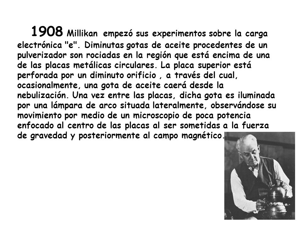 1908 Millikan empezó sus experimentos sobre la carga electrónica e