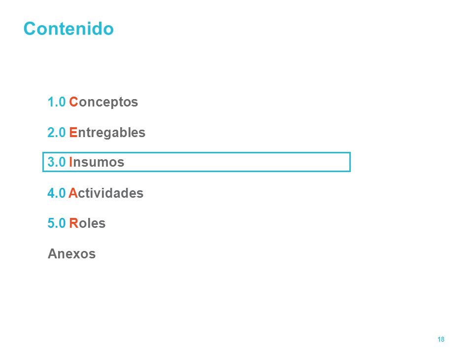 Contenido 1.0 Conceptos 2.0 Entregables 3.0 Insumos 4.0 Actividades