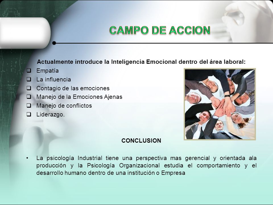 CAMPO DE ACCION Actualmente introduce la Inteligencia Emocional dentro del área laboral: Empatía. La influencia.