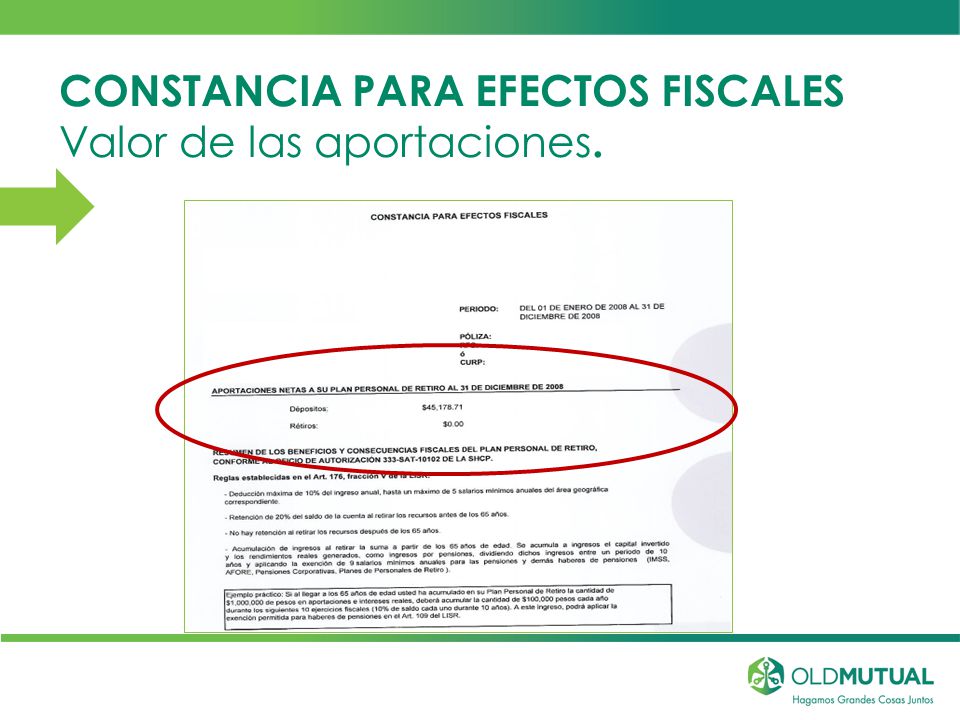 CONSTANCIA PARA EFECTOS FISCALES Valor de las aportaciones.